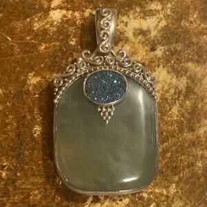Sajen Pendant Sterling Silver, Serpentine & Druzy w/ Ornate Detailing Vintage